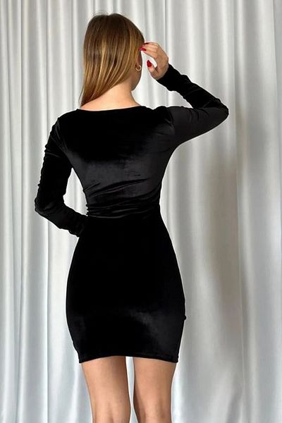 barış sülün lovebox Rochie mini neagră pentru femei, cu decolteu dublu, cu tiv asimetric 581909