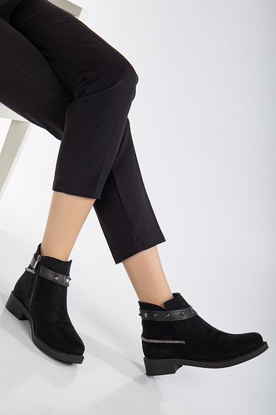 Tonny Black Γυναικείες μαύρες σουέτ Thermo Sole Stone Rope με φερμουάρ κοντές μπότες με τακούνι