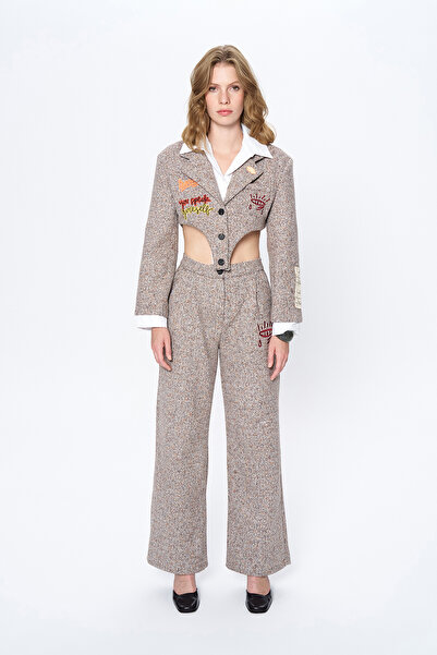 Quzu Tweed Brown Trousers - Embroidery Detail