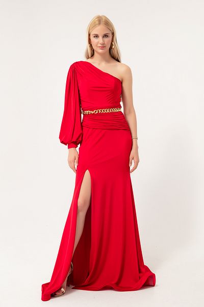Lafaba Women's Red One-Shoulder Chain Long Evening Dress