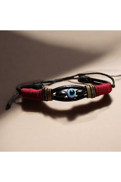 DEHNA Red String Braided and Evil Eye Beaded Leather Bracelet