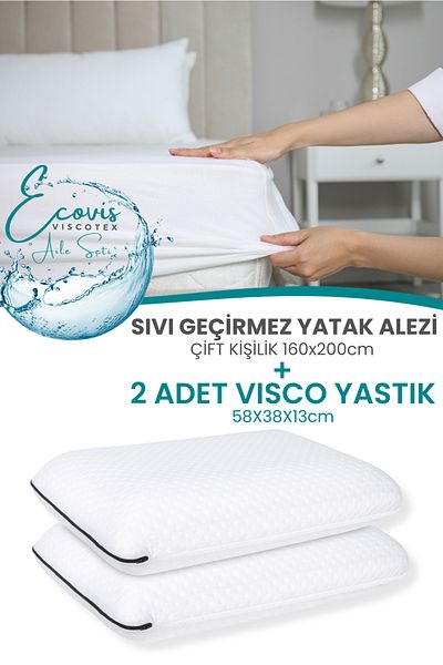 VİSCOTEX Ecovis Family Set, 2-Piece Visco Pillow and Double Liquid-Proof Fitted Bed Mattresses 160X200Cm