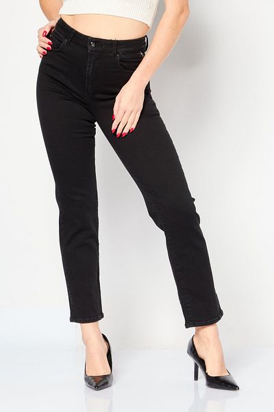 Replay Women Straight Fit Stretchable Plain Denim Jeans, Black