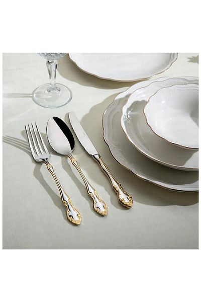 Nehir Adriana Gold Plain 12 Person 89 Piece Boxed Fork Spoon Knife Set