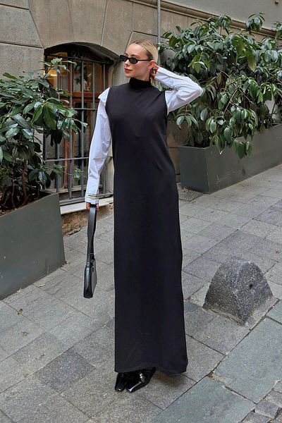 Swist Schwarzes Mercy Half Fisherman Zero Sleeve Damen-Maxikleid aus Baumwollmischung