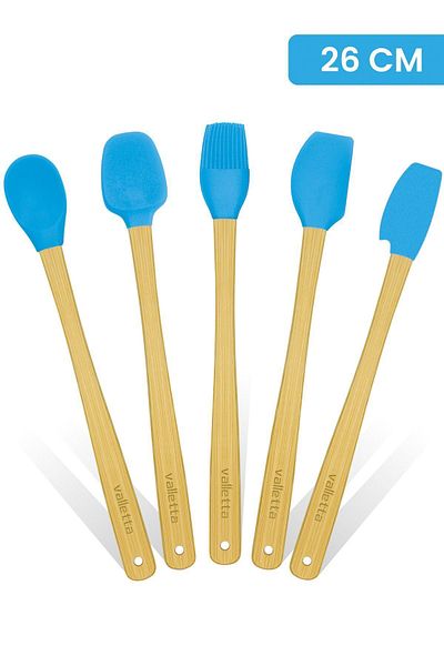 valletta Indigo 5-Piece Turquoise Bamboo Silicone Spatula Set - Long 26 cm