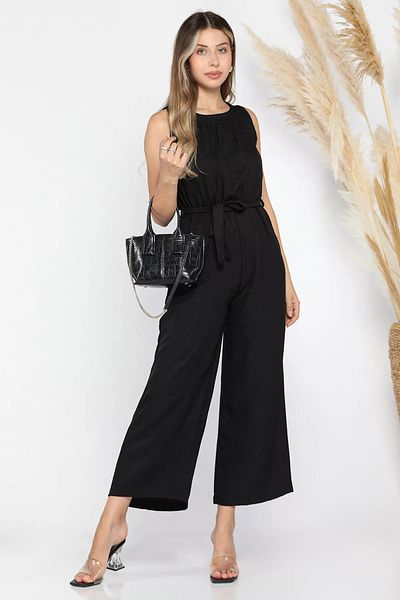 GÜLSELİ Women's Black Crew Neck Waist Belted Jumpsuit
