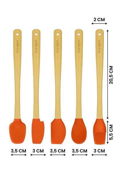 valletta Indigo 5-Piece Orange Bamboo Silicone Spatula Set - Long 26 cm