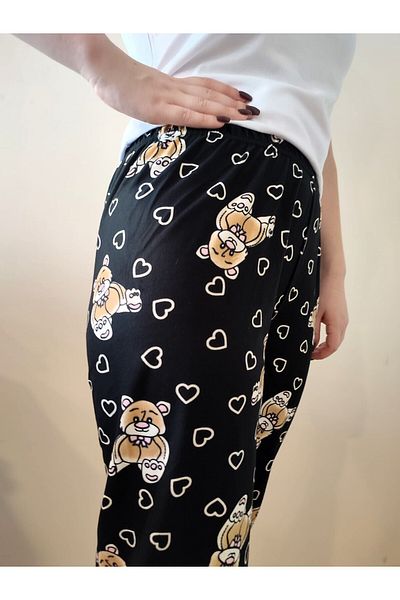 enmodaiçgiyim Pantaloni de pijama de damă din piele intoarsa cu model ursuleț negru