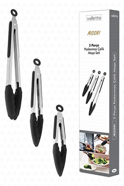 valletta Midori Metal Handle Silicone Tip Locking System Smart 3-Piece Tongs Set Black