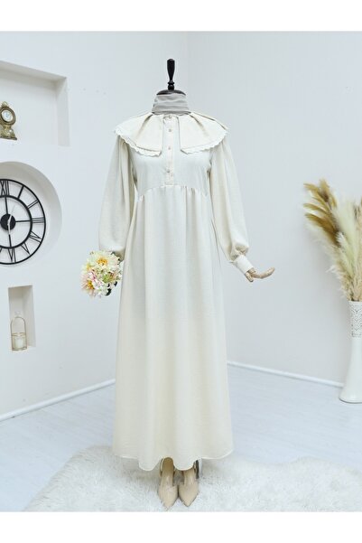 Modamorfo Μπεζ λινό φόρεμα - γιακάς με σαλιάρα, κορδόνι και μισά κουμπιά