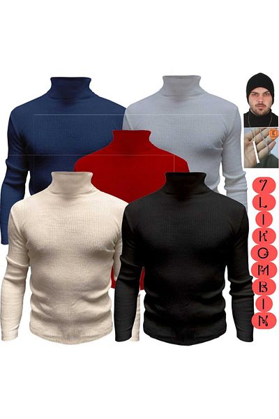 EMKA GİYİM 7-Piece Combination Turtleneck Sweater Beret Necklace