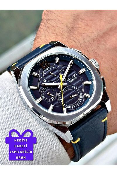 Ferrucci Silver Metal Case with Calendar Navy Color Leather Band Men's Wristwatch