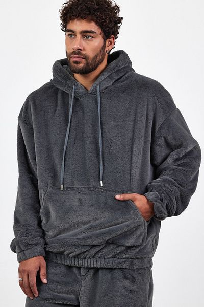 MADZEYMODA Ανδρικό βελούδινο φούτερ με κουκούλα Oversize με επένδυση γκρι Mz86046