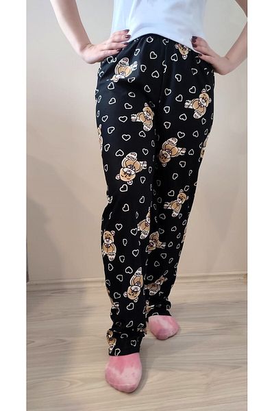 enmodaiçgiyim Pantaloni de pijama de damă din piele intoarsa cu model ursuleț negru