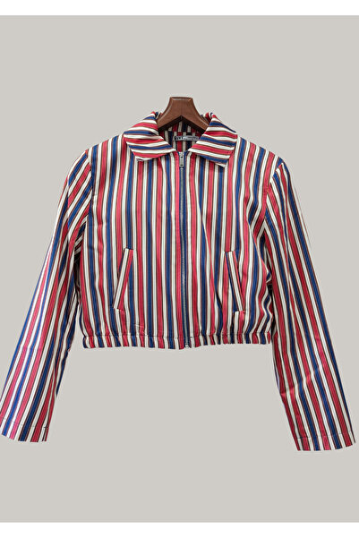 Karol Atabey Giyim Tekstil Crop Ceket - Astarlı Çizgi Desenli