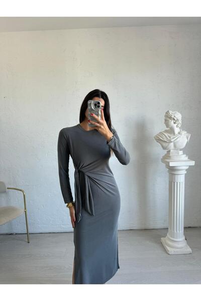 Bade Butik Gri Uzun Kol Beli Bağlamalı Modal Elbise