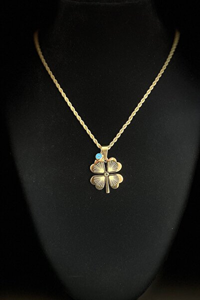 MODA Caprea Çelik Yonca Kolye Kadın Altın Renkli Kararmaz Kolye 60 Cm Zincirli