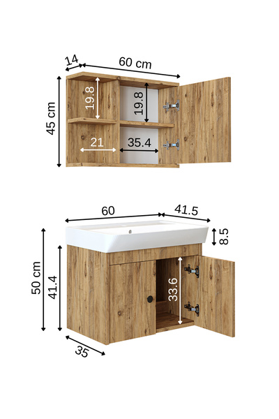 ROOMART Lavabolu Mat Suntalam 60 Cm Banyo Dolabı + Aynalı Üst Dolabı