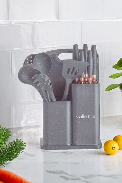 valletta Nairobi Heat Resistant Silicone Fireproof Non-Stick 12 Piece Serving Set with Stand Gray
