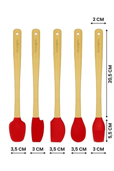 valletta Indigo Red Bamboo Silicone Spatula Set - 5 Pieces, Long 26 Cm