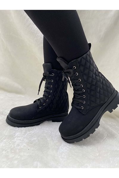 ÇİĞDEM KUNDURA Black Quilted Crocus Boots - Side Zipper, Tied B6