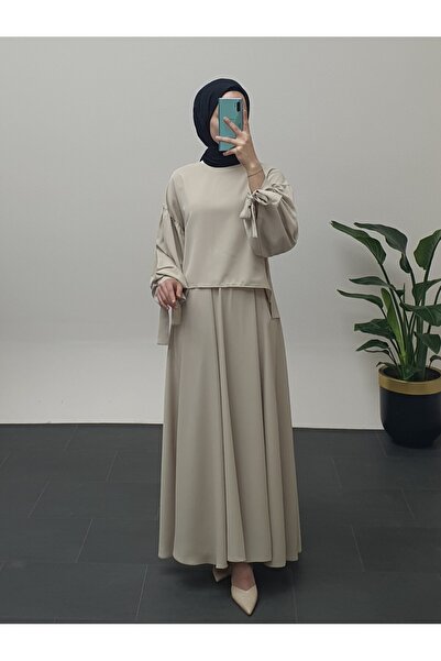 Modamorfo Bézs színű szett - fűzős ujjakkal és buborékos szoknyával