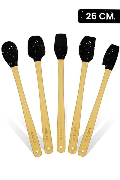valletta Indigo Black Dotted Bamboo Silicone Spatula Set - 5 Pieces, Long 26 Cm