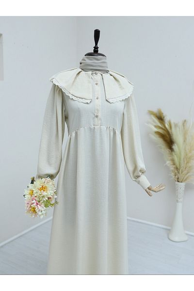Modamorfo Beigefarbenes Leinenkleid – Schürzenkragen mit Kordelzug und halbem Knopf
