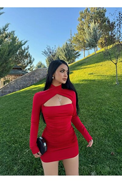 aytenli Μίνι φόρεμα με μακρύ μανίκι και πλαϊνό κορδόνι με χιαστί λαιμόκοψη