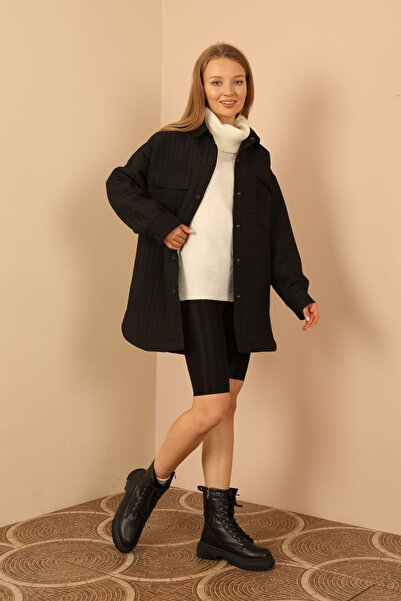 AHEN Jacquard Fabric Small Square Pattern Oversize Women's Shirt-Black