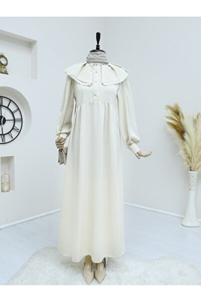 Modamorfo Μπεζ λινό φόρεμα - γιακάς με σαλιάρα, κορδόνι και μισά κουμπιά