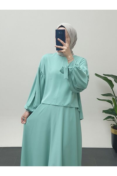 Modamorfo Lace-Up Balloon Skirt Set with Sleeves - Aqua Green