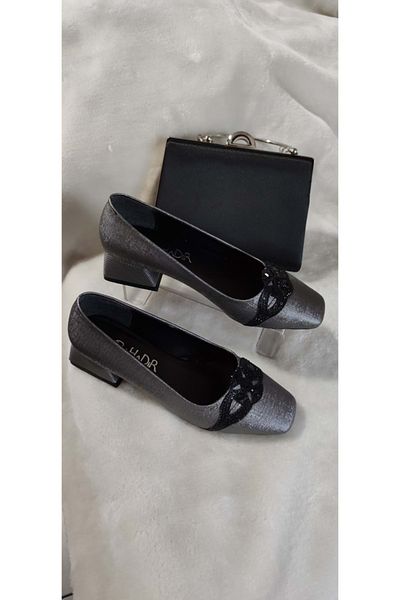ÇİĞDEM KUNDURA Anthracite Gray Stone Detailed Thick Heel Crochet Women's Shoes - Bhdr A5A