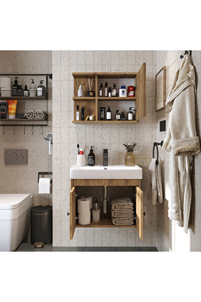ROOMART Lavabolu Mat Suntalam 60 Cm Banyo Dolabı + Aynalı Üst Dolabı