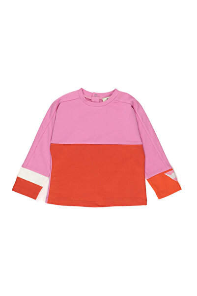Panço Kız Bebek Parçalı Nakış Detaylı Uzun Kollu Pembe Tişört