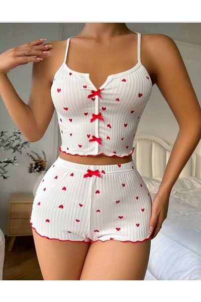 CES'Y LİNGERİE Set de pantaloni scurți din bumbac cu nervuri cu fundă roșie de sezon nou
