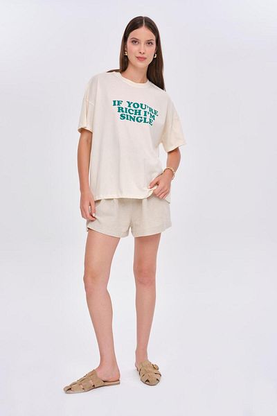 Tuba Butik Oversize Crew Neck Printed Cream Women's T-Shirt