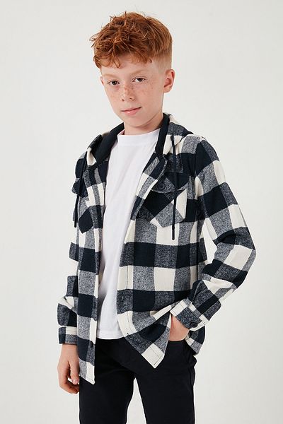 Lela Kostkovaná dřevorubecká košile s kapucí, dvojitá kapsa, chlapecká košile Cf25W81787