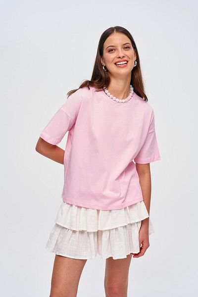 Tuba Butik Γυναικείο μπλουζάκι με λαιμόκοψη Basic κοντομάνικο ροζ