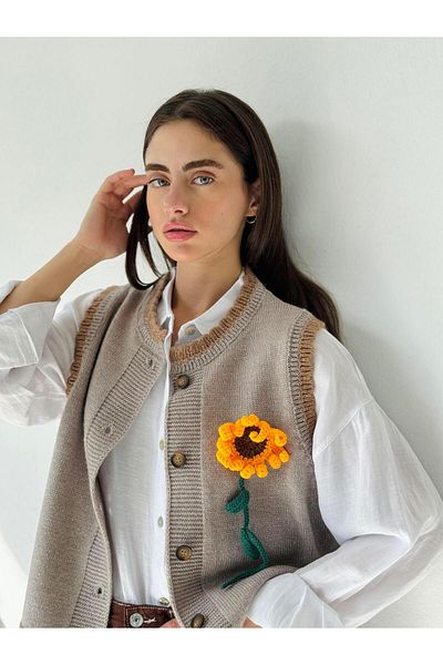 Retrobird Light Gray Embroidered Design - Glitter Embossed Sunflower Vest Women
