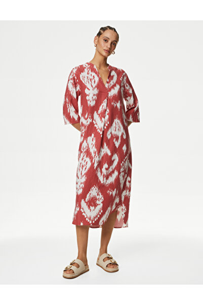 Marks & Spencer V Yaka Desenli Maxi Keten Elbise