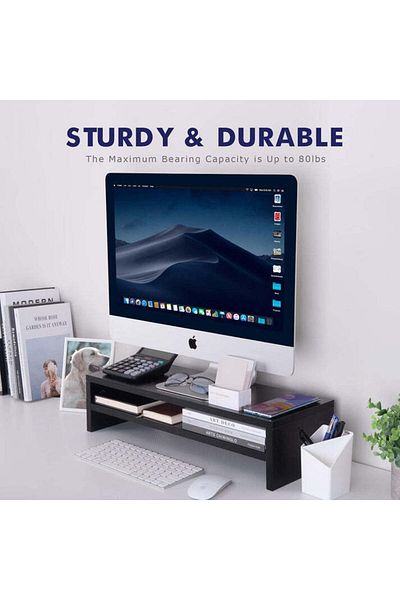 Modern home Compact Monitor Stand Riser with Storage Shelf - Ergonomic Desk Organizer - Black