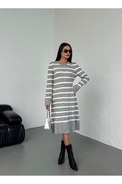 Elilook Women's Striped Pleated Waist-Seated Knitwear Dress