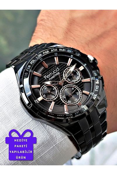 Ferrucci Black Color Steel Band Men's Wrist Watch (2 Years Warranty, Waterproof)