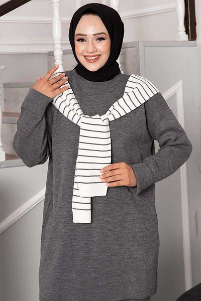 EBRUTESETTÜR Striped Double Knitwear Set with Scarf Detail