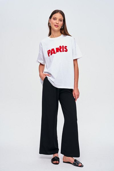 Tuba Butik Oversize Printed Short Sleeve White Women's T-Shirt