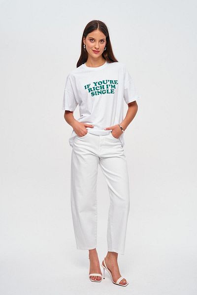 Tuba Butik Oversize Crew Neck Printed White Women's T-Shirt
