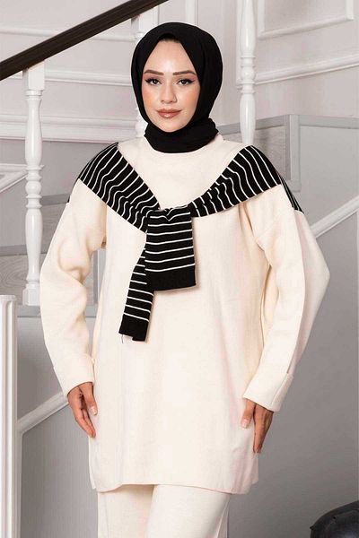 EBRUTESETTÜR Striped Double Knitwear Set with Scarf Detail