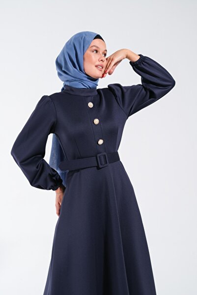 Plistre 2251_Women's Scuba Fabric Belted Button Detailed Flared Long Dress